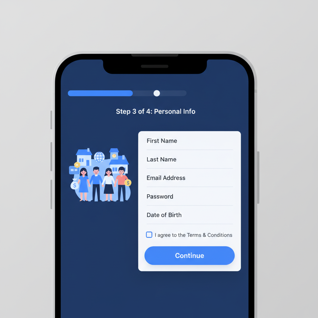 smartphone screen showing SoFi app signup form, clean modern interface, blue tones