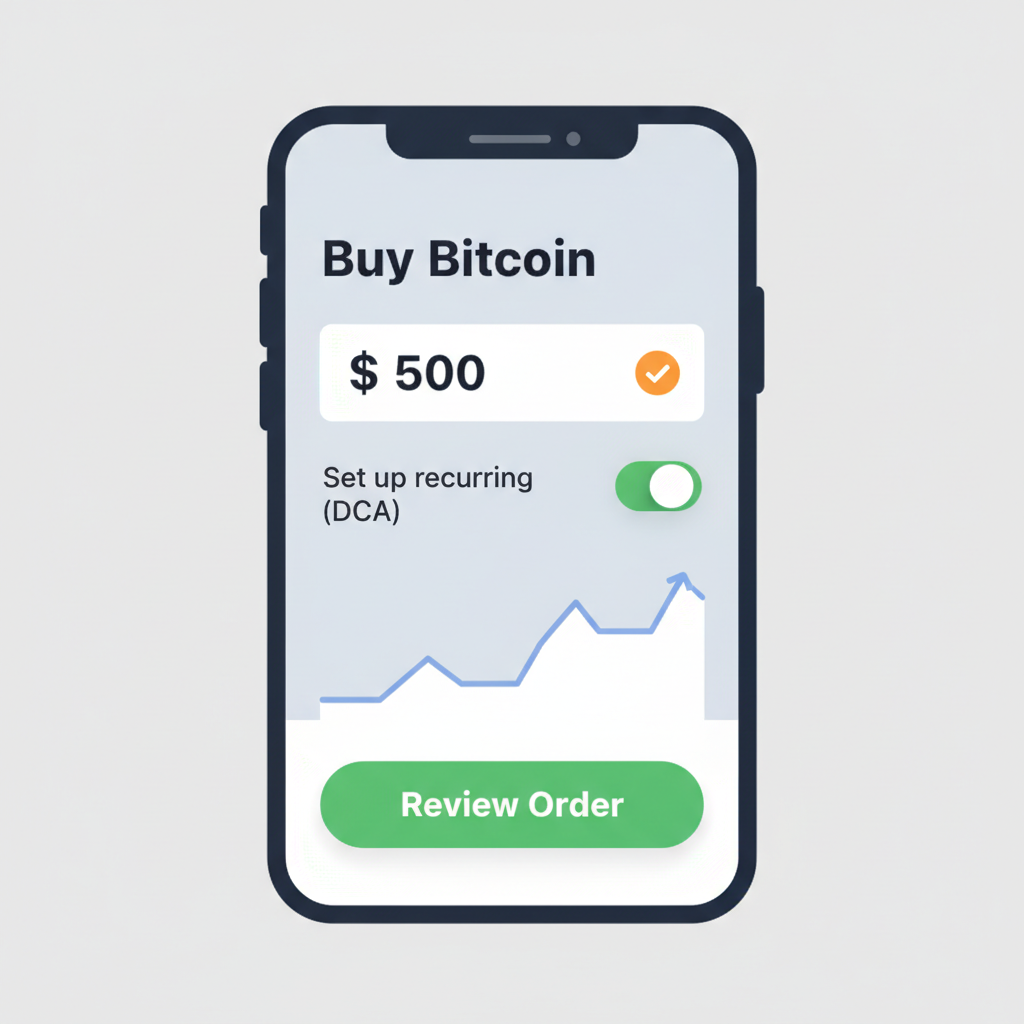 SoFi app buy Bitcoin screen, amount input field, DCA toggle option