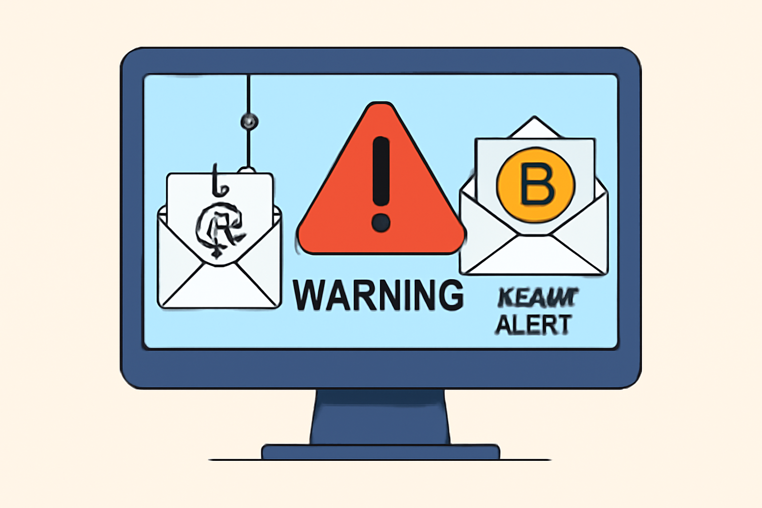 A warning sign on a computer screen with phishing emails and scam alerts related to cryptocurrency