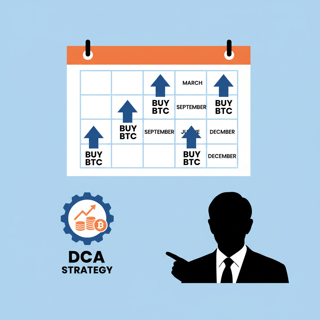 calendar with quarterly DCA arrows buying bitcoin, michael saylor silhouette, strategy logo elements