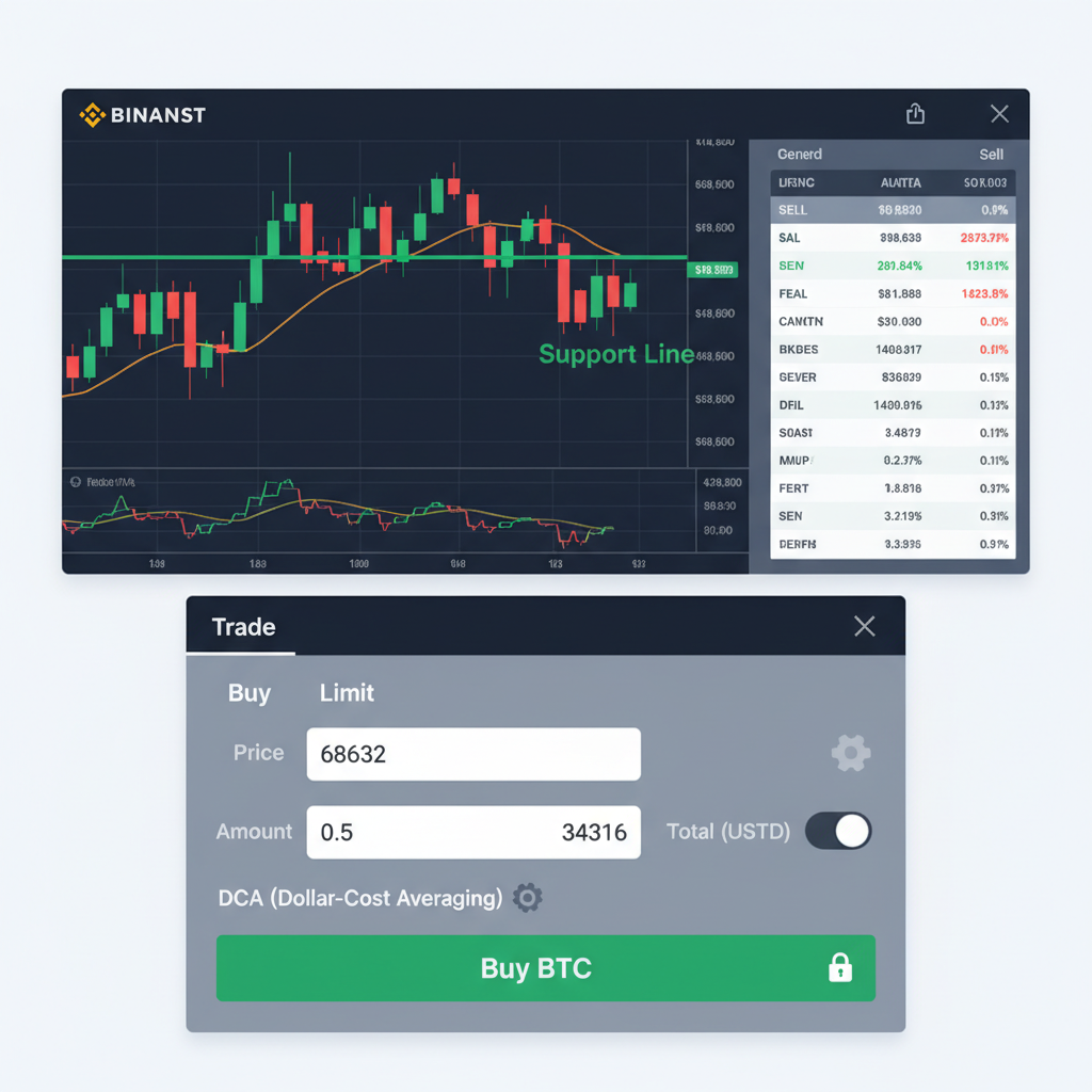 Binance trading interface with DCA limit order setup at $68,632, charts showing support line