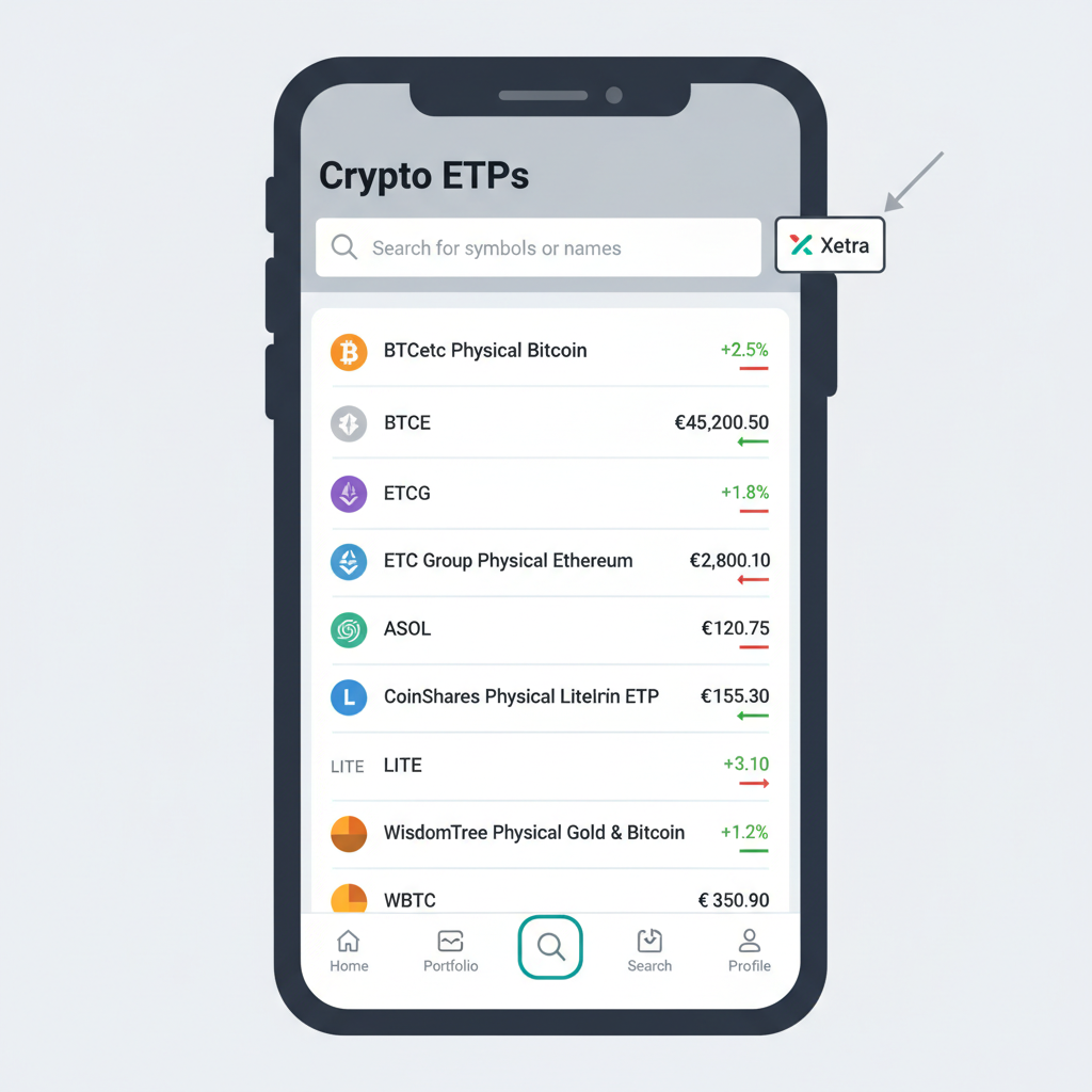 brokerage app search screen showing crypto ETPs list, Xetra exchange badge, professional interface