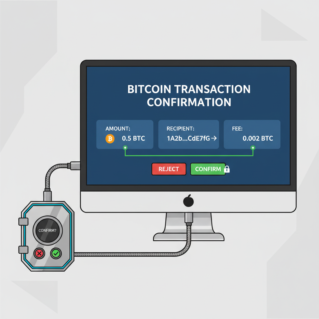 hardware wallet connected to computer, bitcoin transaction confirmation screen, secure vault aesthetic