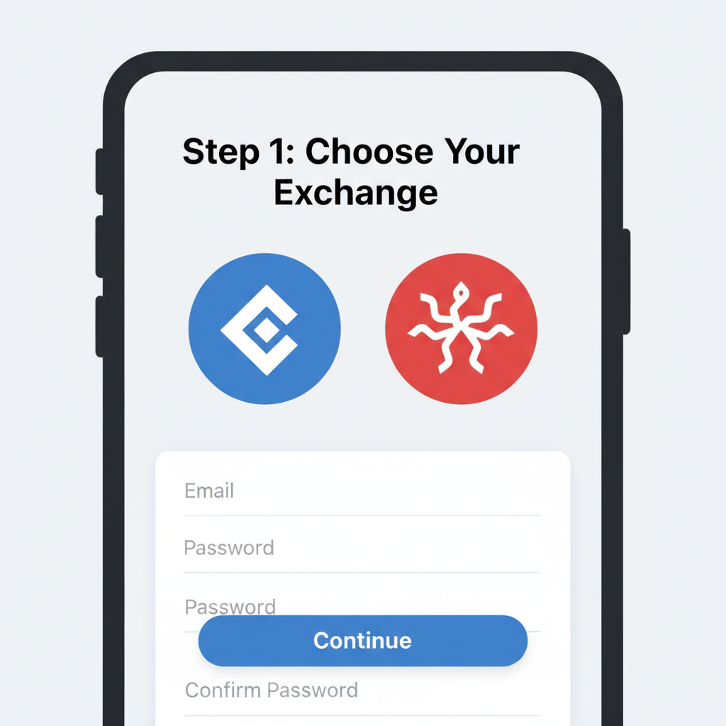 clean illustration of Coinbase and Kraken logos with signup form on mobile app
