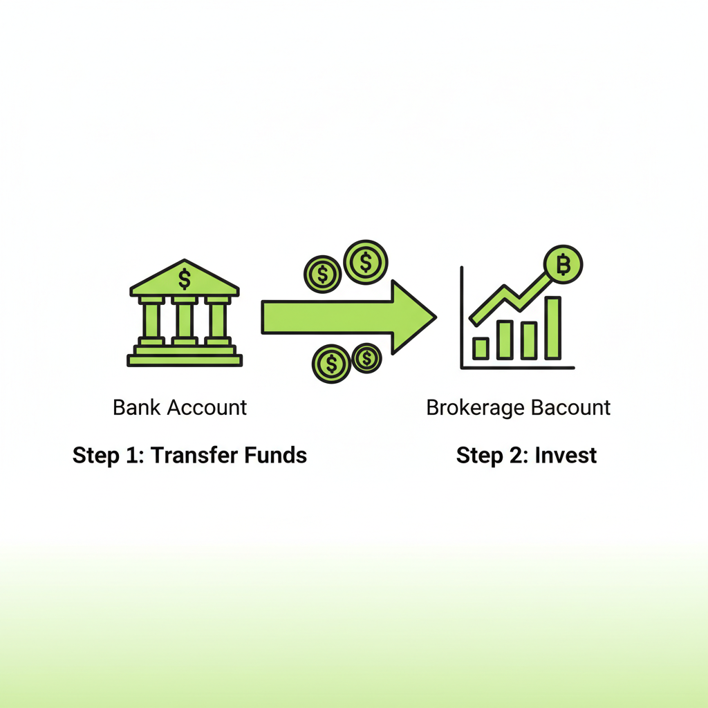 illustration of bank transfer arrow to brokerage balance, money icons, green