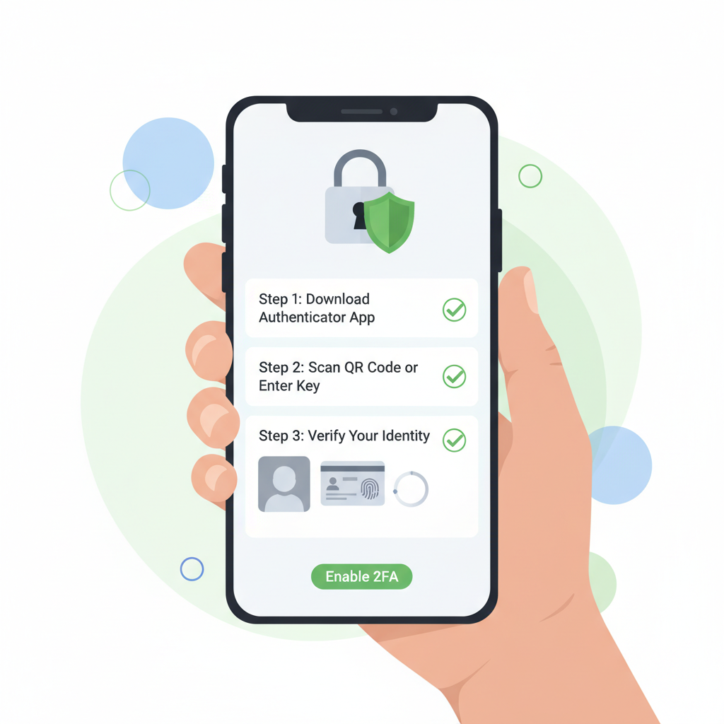 person enabling 2FA on phone with lock icon and ID verification, secure crypto app interface, green checkmarks