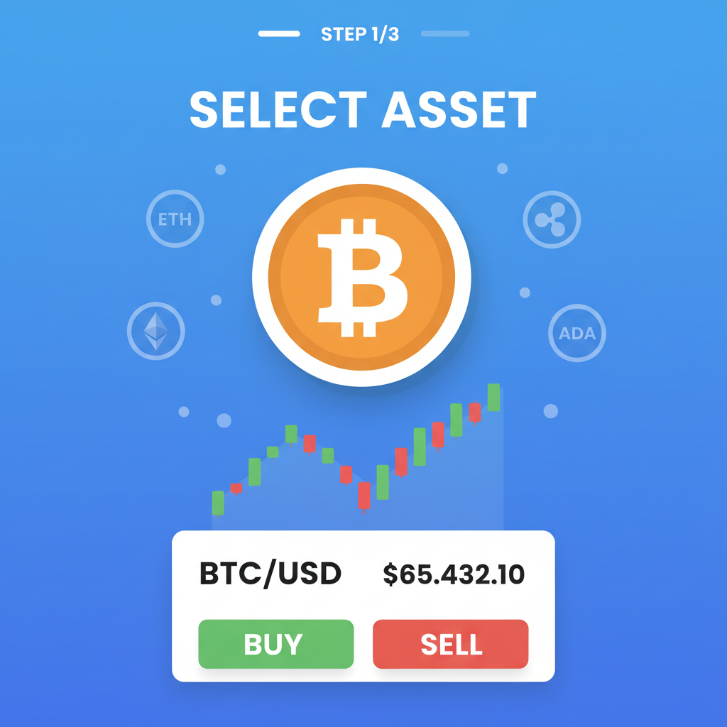 Bitcoin selection screen on exchange, BTC logo prominent, price chart background