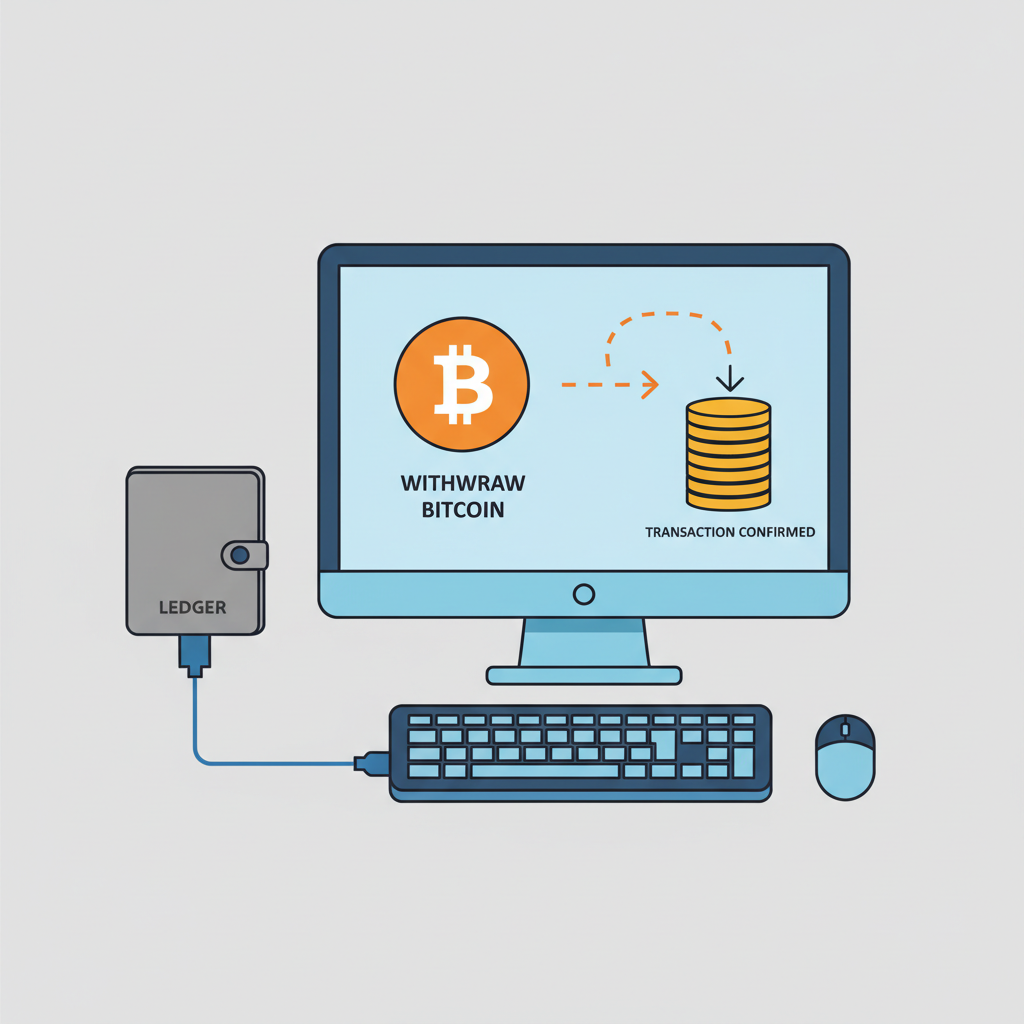 Ledger hardware wallet connected to computer withdrawing Bitcoin