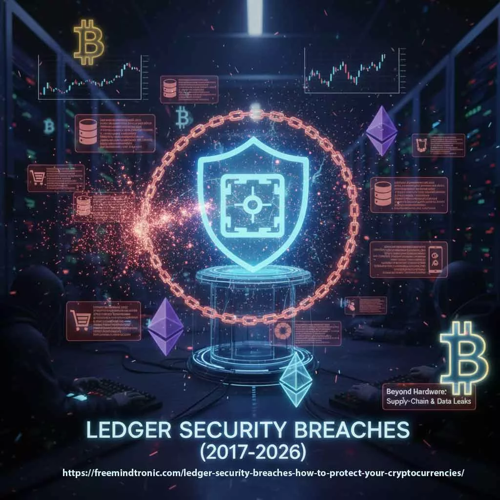 Dynamic infographic of Crypto.Casino 2026 guide cover with key safety icons for buying crypto safely: MiCA-licensed exchanges, hardware 2FA, cold wallets, phishing shields, scam alerts