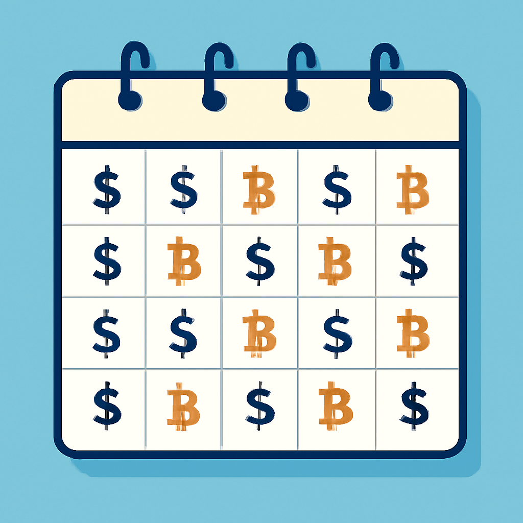 A calendar with recurring dollar signs and Bitcoin symbols, illustrating steady investments over time.