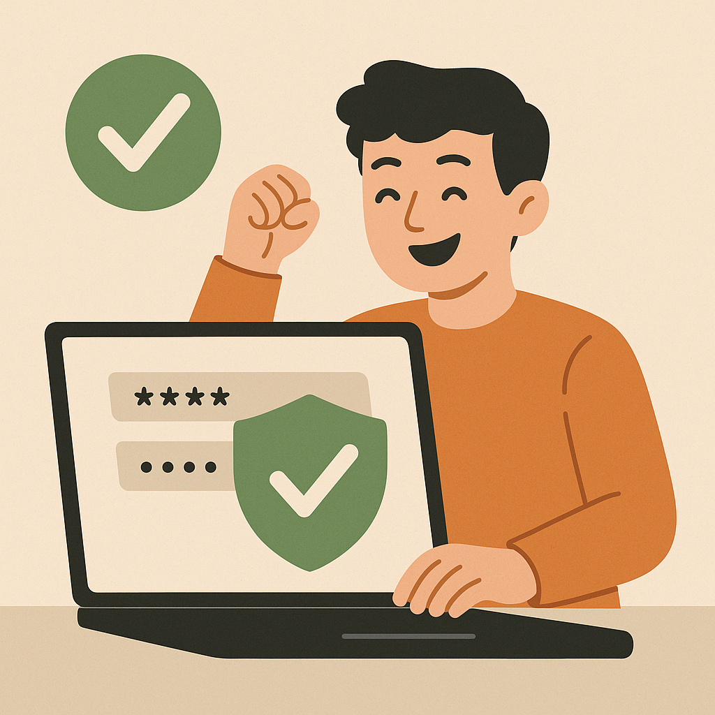 A happy user logging in successfully with 2FA, a green checkmark and shield symbol on the screen, optimistic vibe