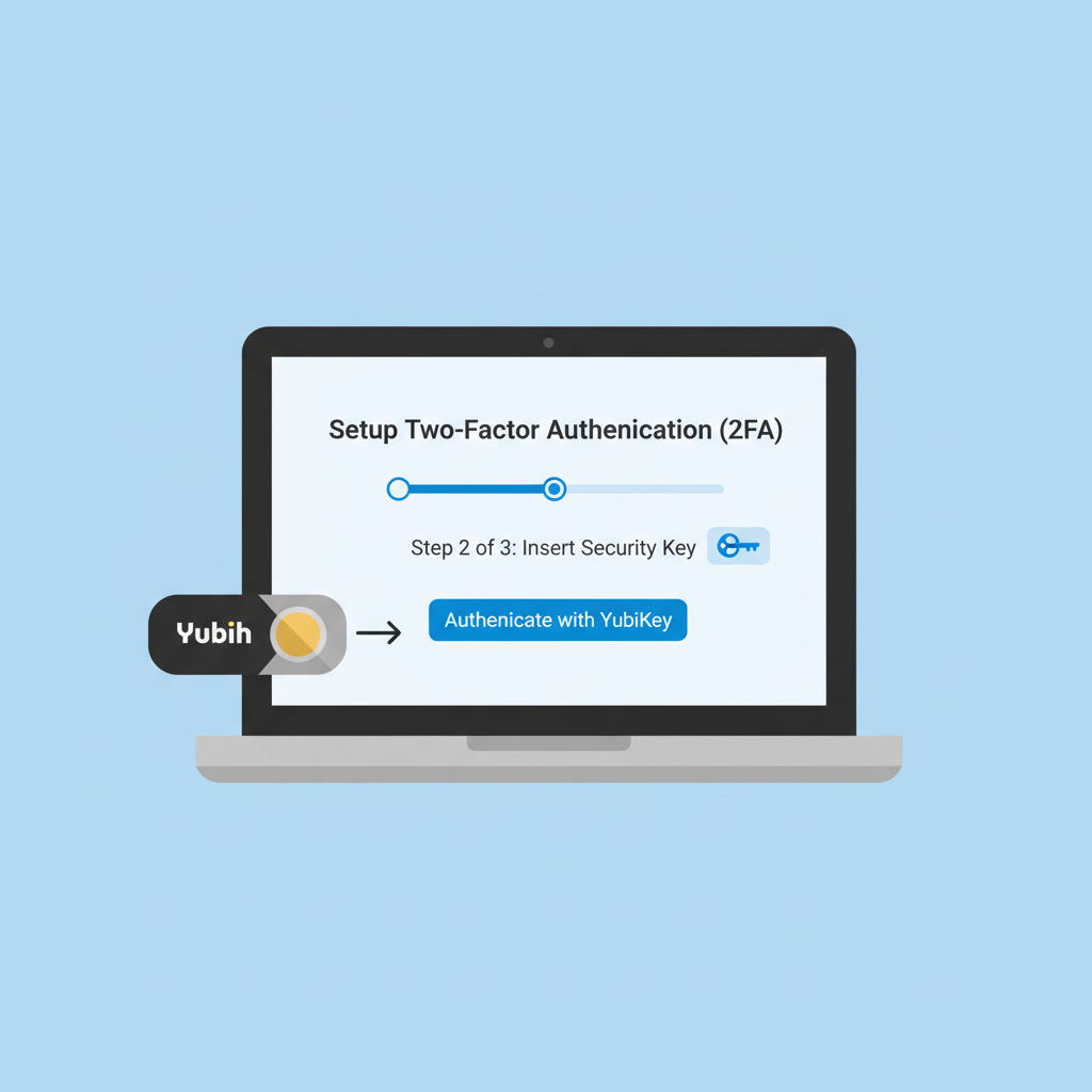 YubiKey hardware security key plugged into laptop with 2FA setup screen
