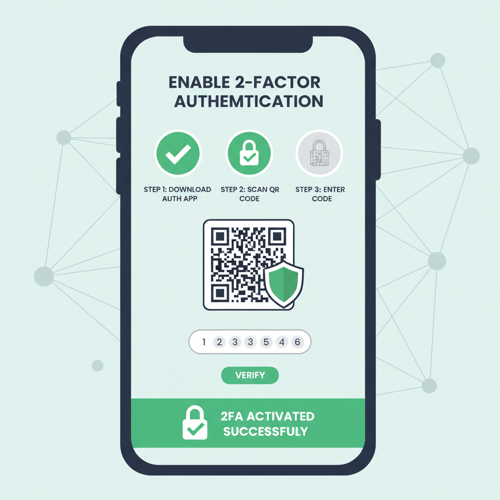 smartphone screen enabling 2FA on crypto app, lock icons, green secure checkmarks, cyber safety theme