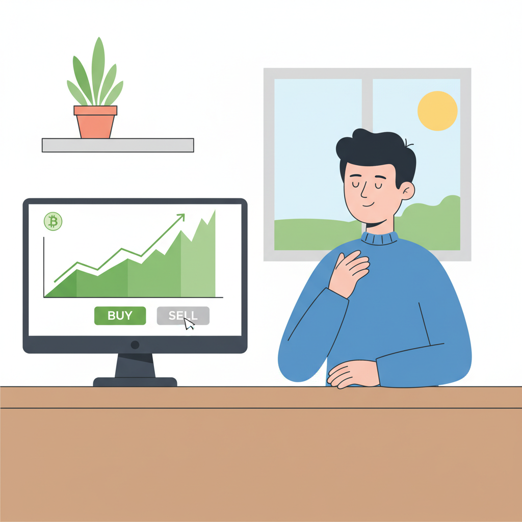 calm investor at desk monitoring green BTC chart no sell button pressed
