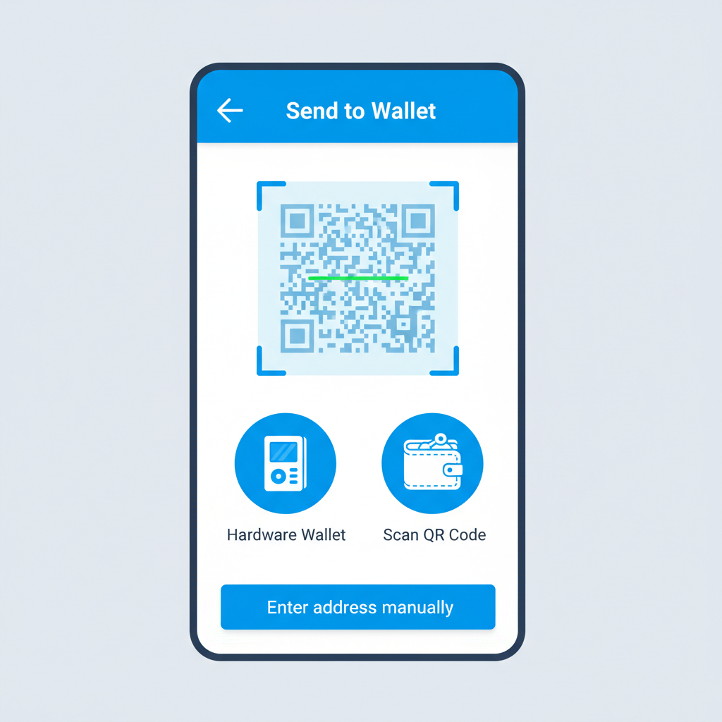 Coinbase send to wallet screen with QR code scanner, hardware wallet icon