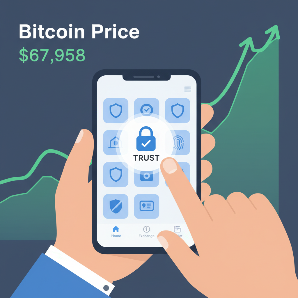user selecting crypto exchange app on phone, secure icons, Bitcoin price $67,958 chart in background, trustworthy design
