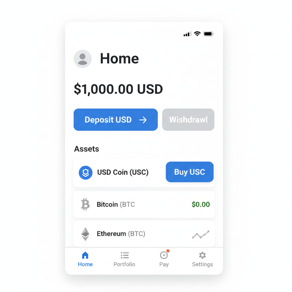 clean Coinbase app interface showing USD deposit and USDC buy button