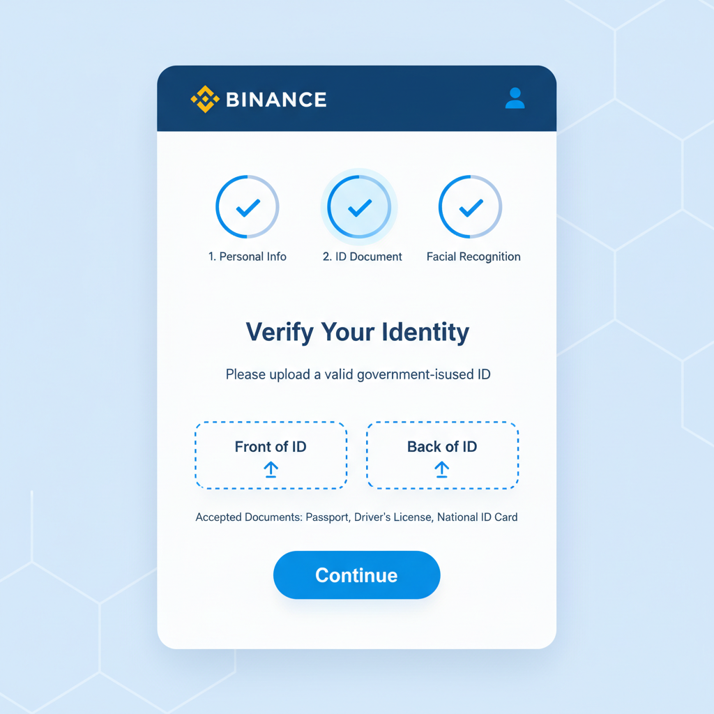 Clean Binance account verification screen with ID upload interface, professional blue tones