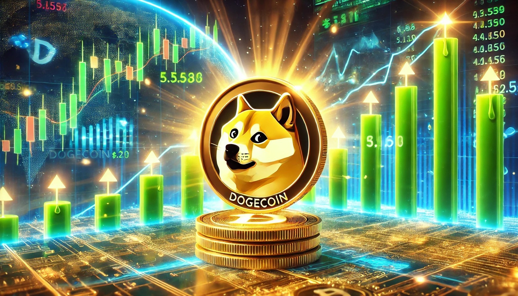 Conceptual image of Dogecoin surge with dynamic trading volume, featuring digital coins and bullish investor sentiment