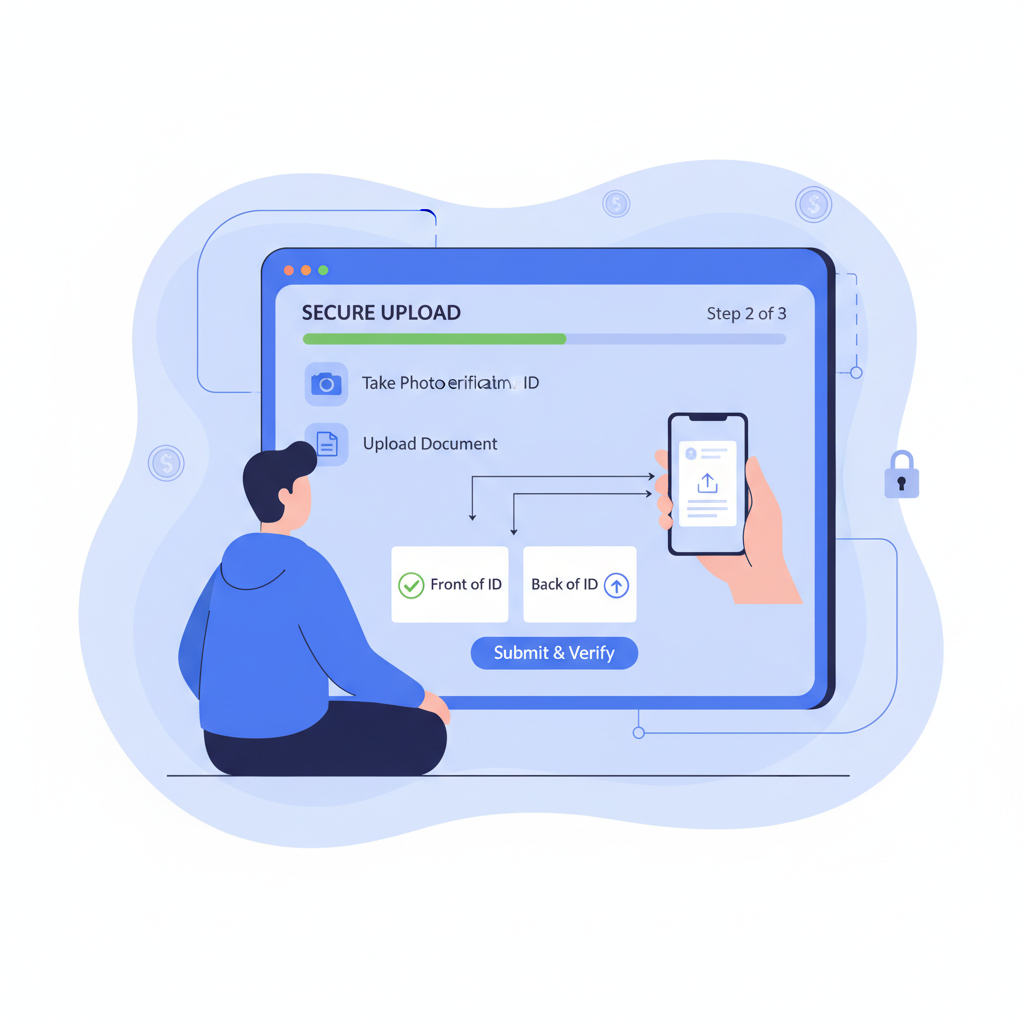 person uploading ID documents on secure verification form, crypto exchange