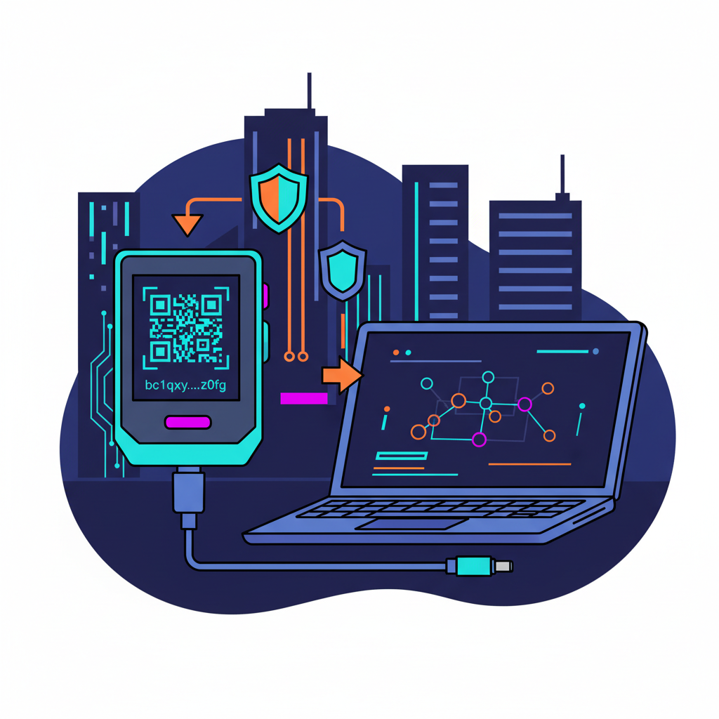 Hardware wallet screen showing crypto receive address, QR code, connected to laptop, glowing secure transfer icons, cyberpunk style