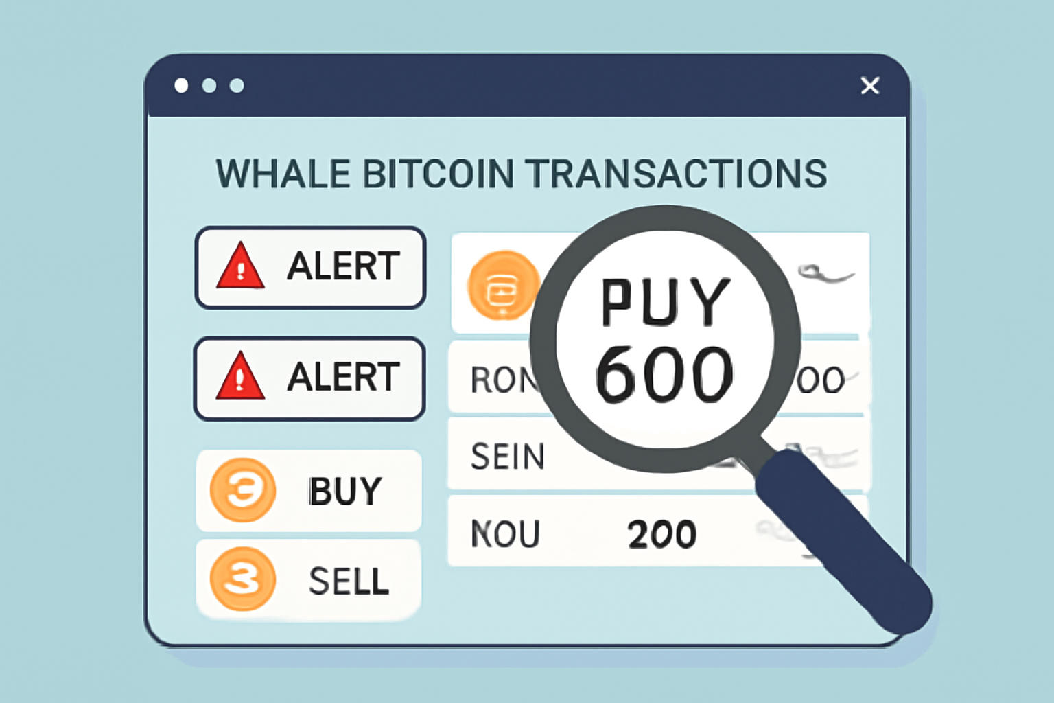 A dashboard showing whale Bitcoin transactions, with alerts and a magnifying glass highlighting large buys.
