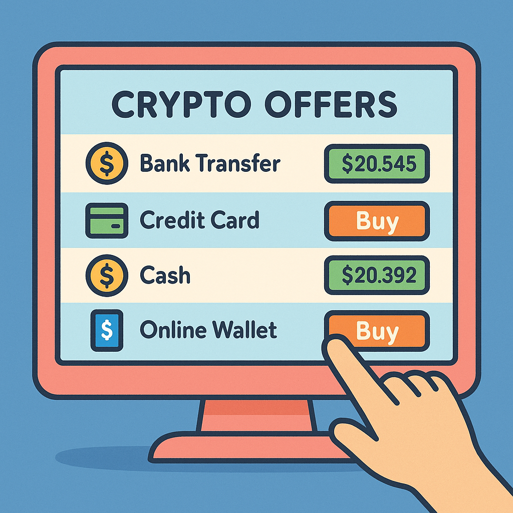A computer screen showing a list of crypto offers with different payment methods, a finger pointing to 'Buy' button, colorful and inviting