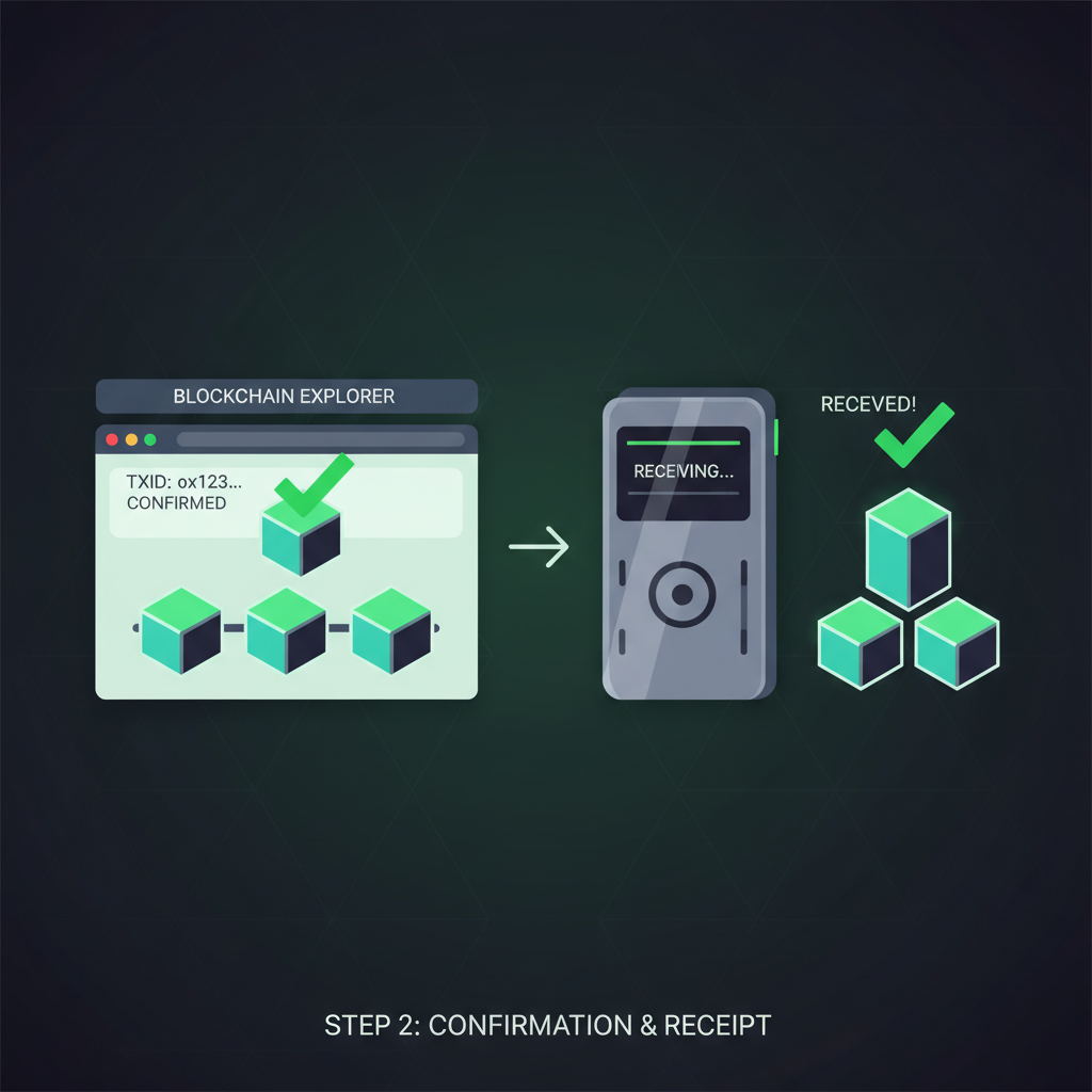 Blockchain explorer confirming transaction, crypto blocks stacking, hardware wallet receiving, triumphant green checkmarks, futuristic glow