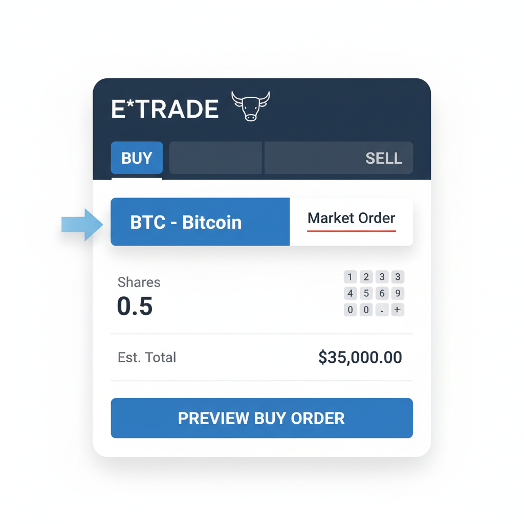 E*TRADE trade ticket screen with 'Buy BTC' selected, market order, shares input